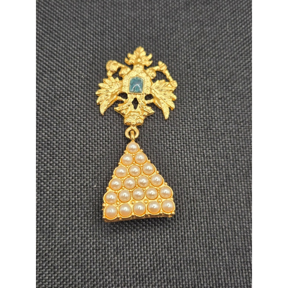 Vintage Gold Tone Double Headed Eagle Faux Pearl Dangle Brooch Pin Heraldic